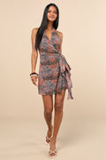 Felicita Brown Boho Print Halter Wrap Mini Dress