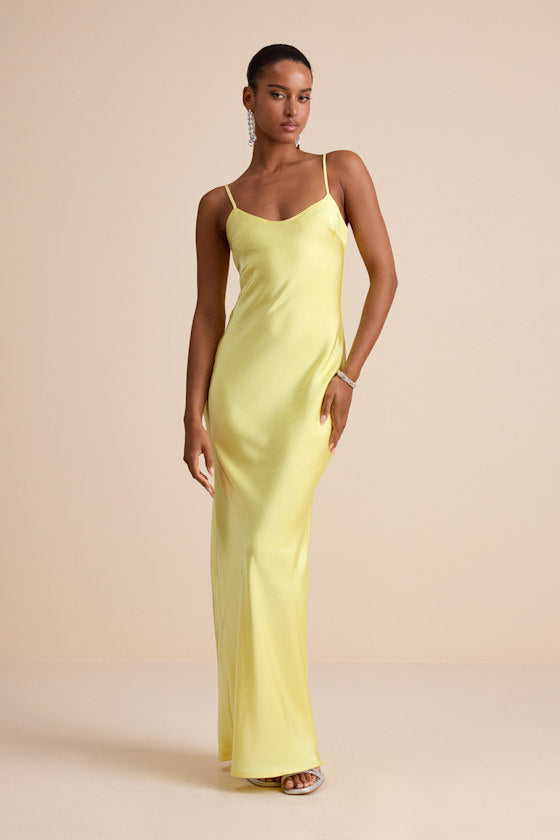 Janet Light Yellow Satin Slip Maxi Dress