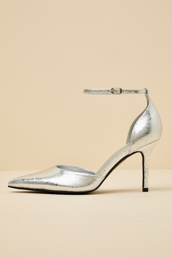 Acrux Silver Distressed Pointed-Toe Ankle Strap Pumps