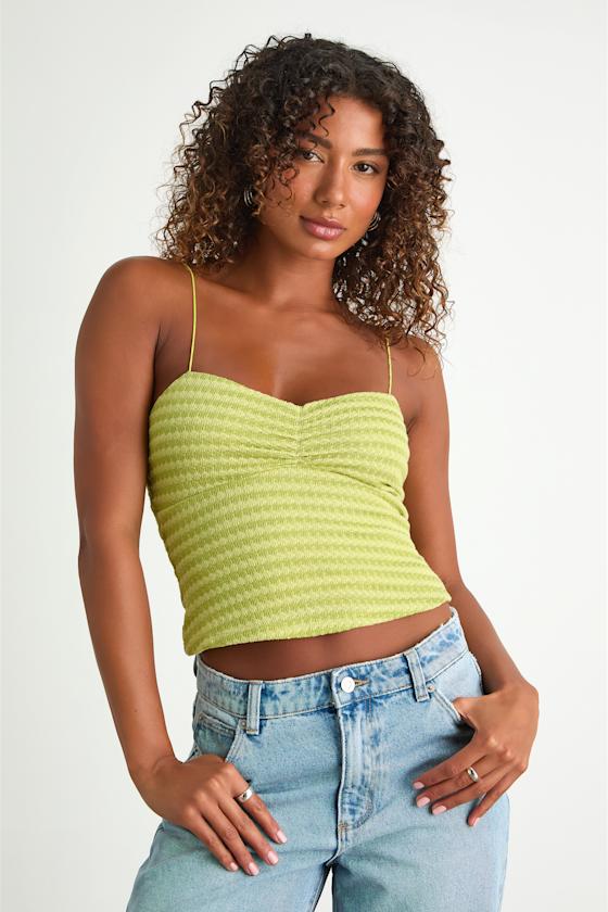 Jimena Lime Green Striped Knit Ruched Cami Top