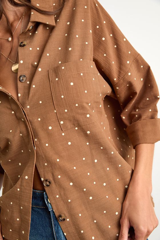 Amelia Dawn Brown Polka Dot Long Sleeve Button-Up Top