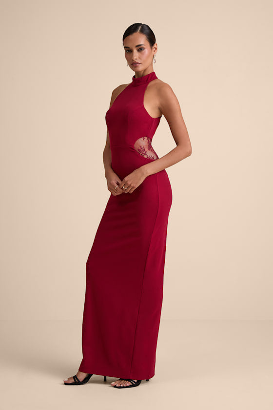 Vira Red Mock Neck Lace Cutout Maxi Dress