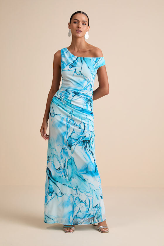 Jojo Light Blue Marbled Ruched One-Shoulder Maxi Dress