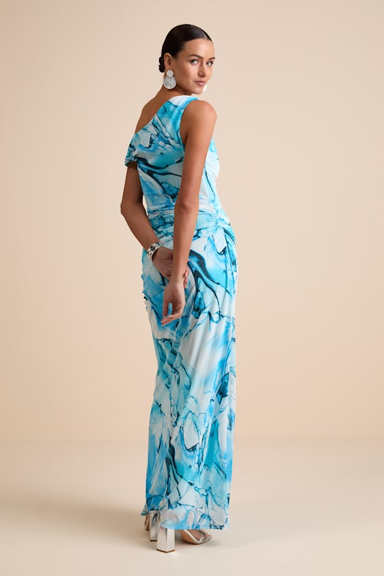 Jojo Light Blue Marbled Ruched One-Shoulder Maxi Dress
