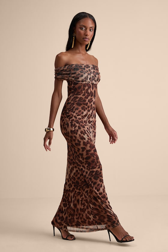 Dunia Brown Leopard Print Mesh Off-the-Shoulder Maxi Dress