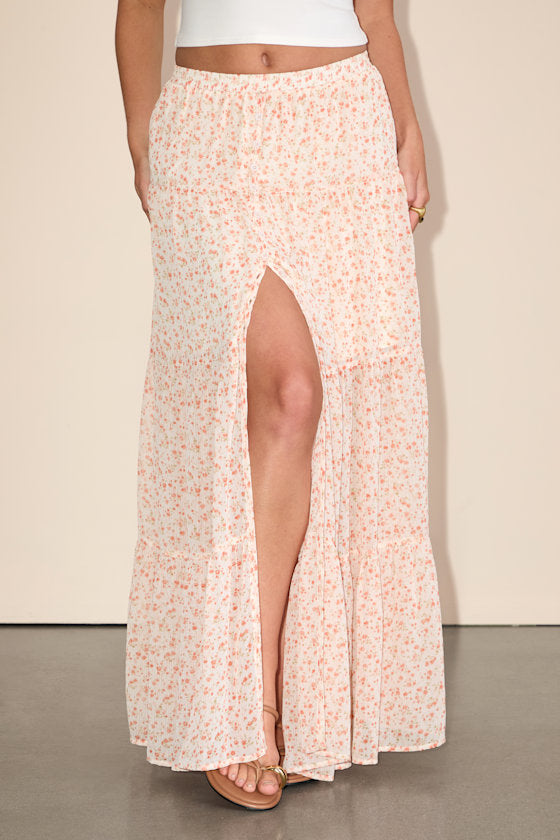 Subtle Sweetness Ivory and Orange Floral Print Tiered Maxi Skirt