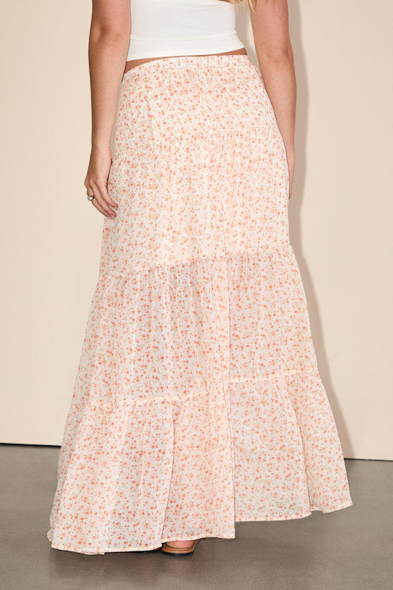 Subtle Sweetness Ivory and Orange Floral Print Tiered Maxi Skirt