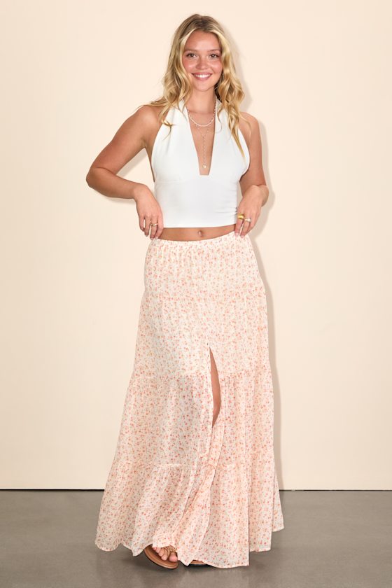 Subtle Sweetness Ivory and Orange Floral Print Tiered Maxi Skirt