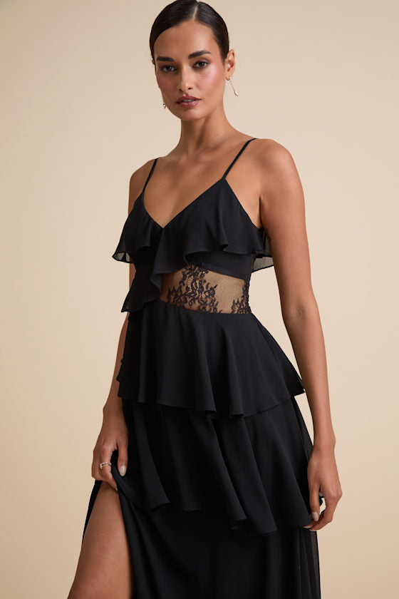 Dalena Black Ruffled Lace Maxi Dress