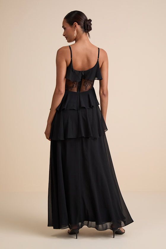 Dalena Black Ruffled Lace Maxi Dress