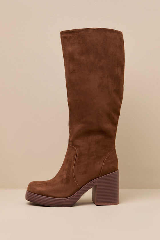 Go Girl Brown Suede Platform Knee High Boots