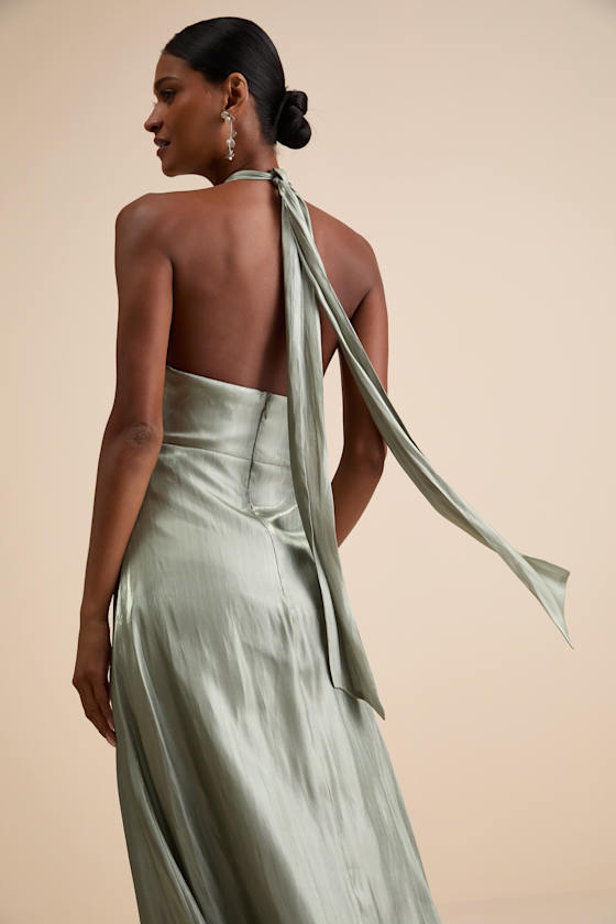 Canley Sage Satin Cross-Front Halter Maxi Dress