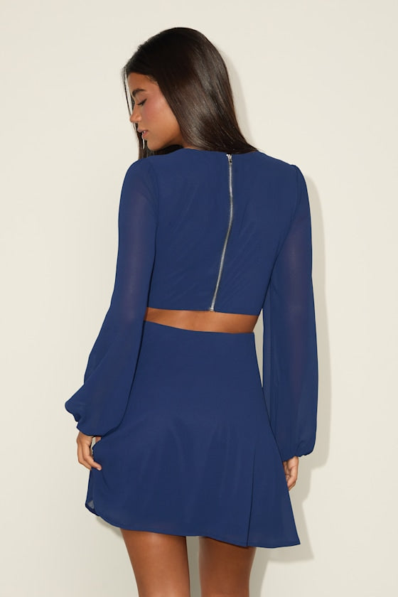 Garden Bliss Dark Blue Long Sleeve Cutout Mini Dress