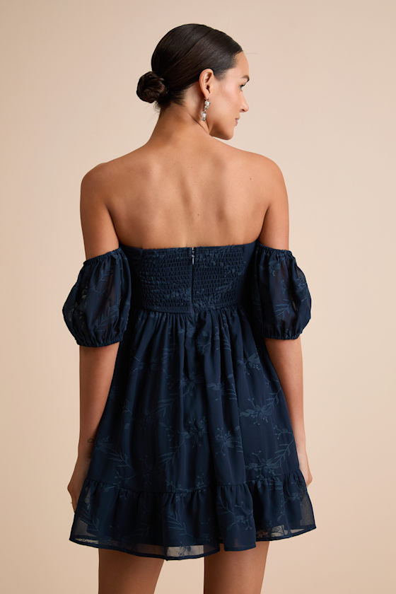 Cutest Icon Navy Embroidered Off-the-Shoulder Mini Dress