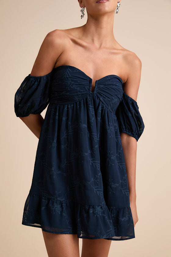 Cutest Icon Navy Embroidered Off-the-Shoulder Mini Dress