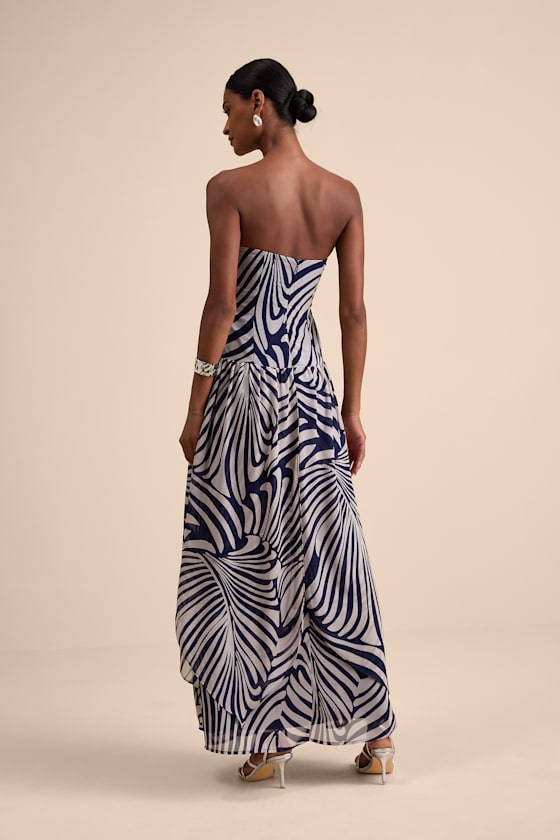 Calista Navy Print Ruched Drop Waist Maxi Dress