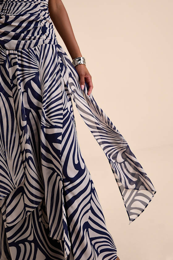 Calista Navy Print Ruched Drop Waist Maxi Dress