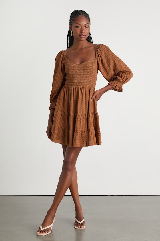 Charming Afternoon Tan Gingham Balloon Sleeve Mini Dress