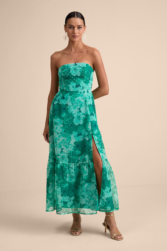 Bright Perspective Teal Floral Strapless Midi Dress