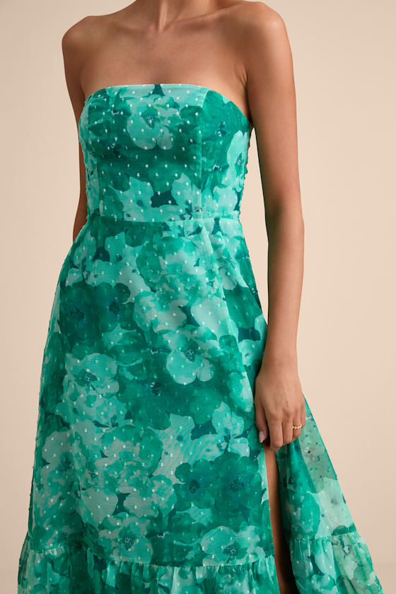 Bright Perspective Teal Floral Strapless Midi Dress