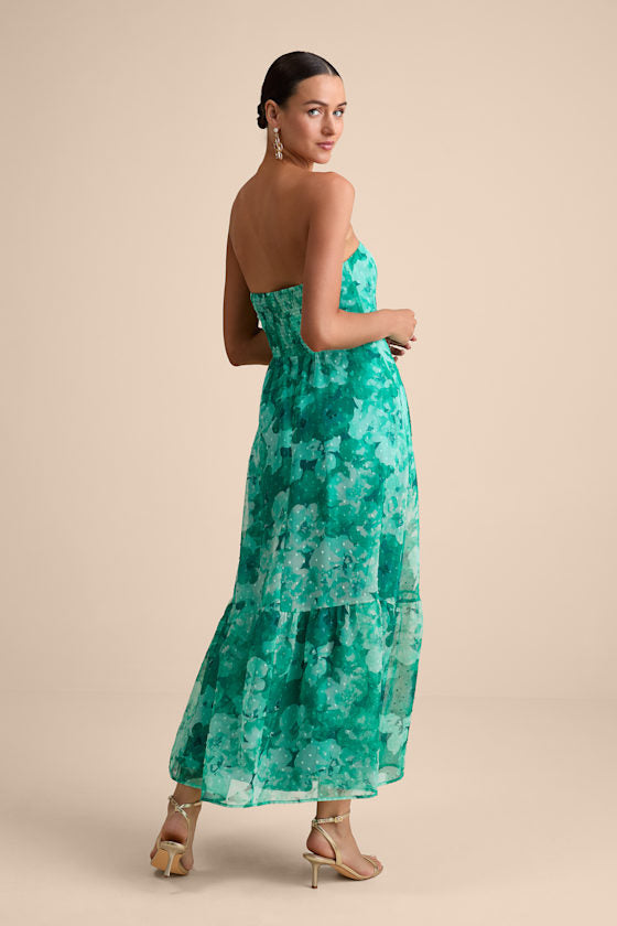 Bright Perspective Teal Floral Strapless Midi Dress