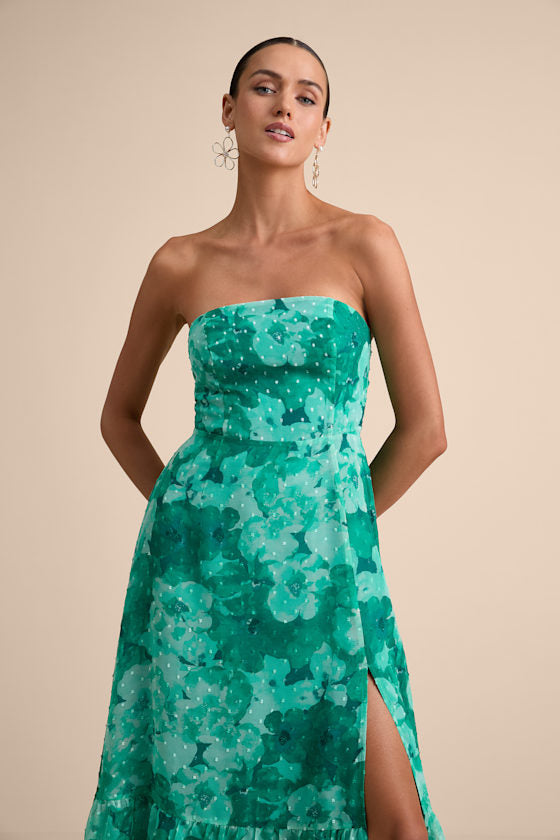 Bright Perspective Teal Floral Strapless Midi Dress