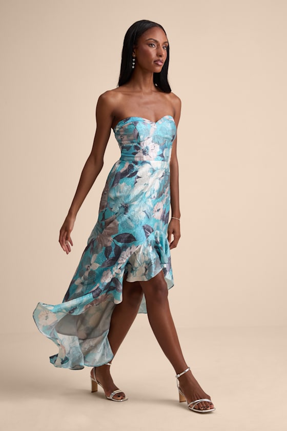 Blushing Darling Turquoise Floral Strapless High-Low Maxi Dress