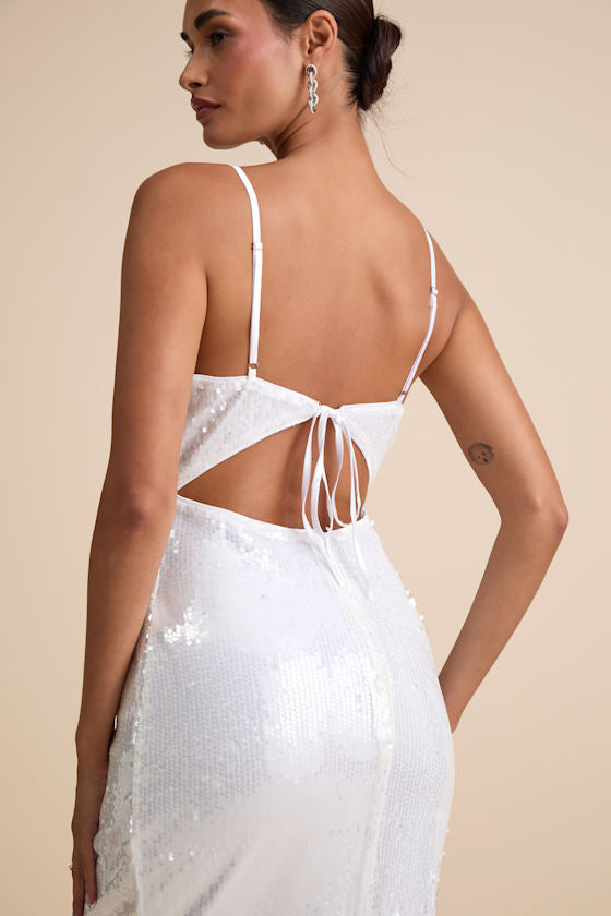 Cahya White Sequin Tie-Back Midi Dress