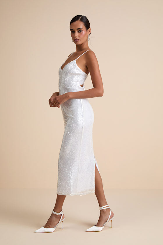 Cahya White Sequin Tie-Back Midi Dress