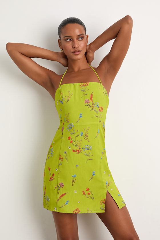 Catch the Bouquet Lime Green Floral Halter Lace-Up Mini Dress