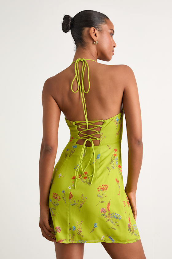 Catch the Bouquet Lime Green Floral Halter Lace-Up Mini Dress