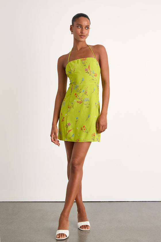 Catch the Bouquet Lime Green Floral Halter Lace-Up Mini Dress
