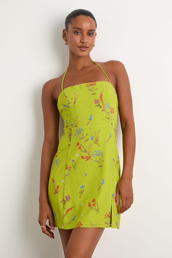 Catch the Bouquet Lime Green Floral Halter Lace-Up Mini Dress