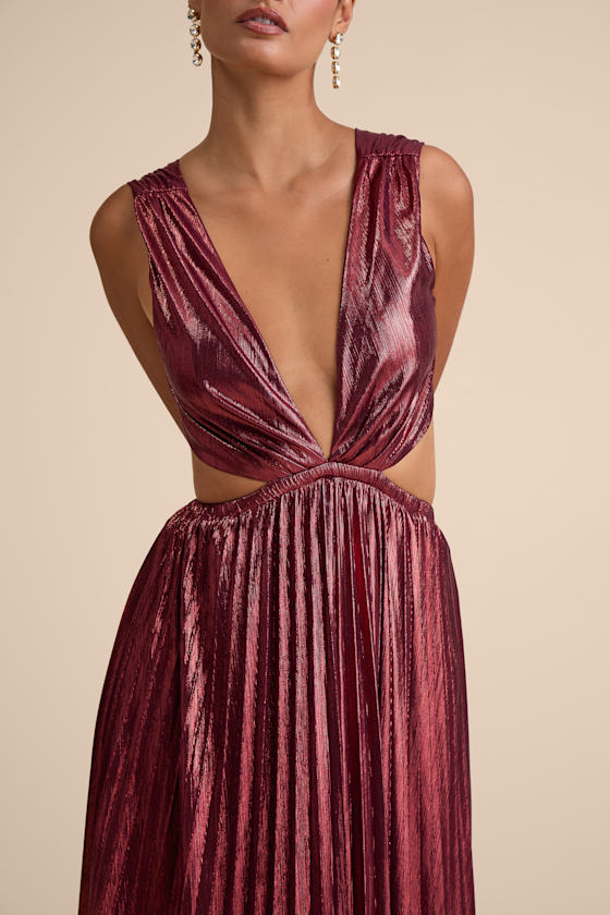Shining Luxury Wine Red Metallic Lurex Cutout Maxi Dress