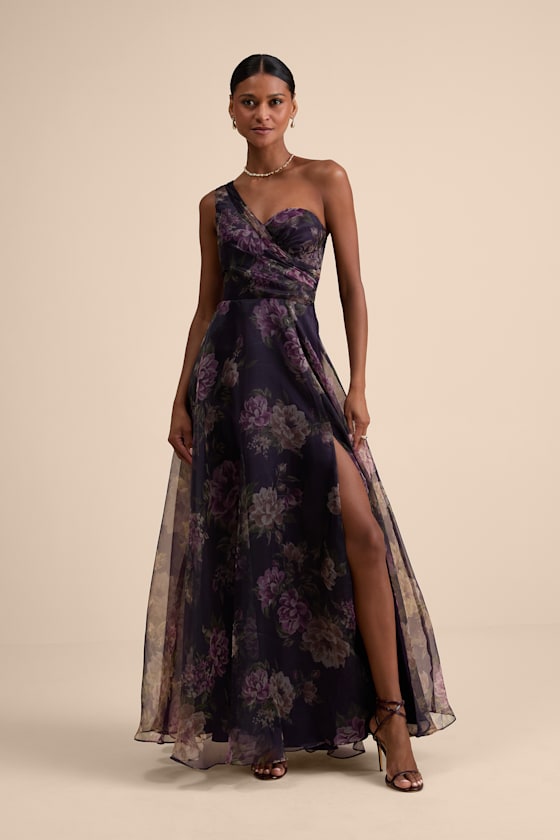 Truly Extraordinary Plum Floral Organza One-Shoulder Maxi Dress