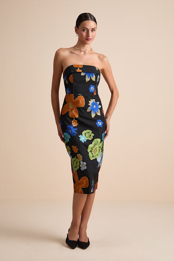 Wesson Black Floral Jacquard Lace-Up Strapless Midi Dress