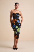 Wesson Black Floral Jacquard Lace-Up Strapless Midi Dress