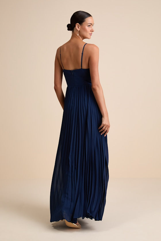 Admirable Elegance Navy Pleated Bustier Maxi Dress