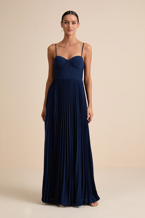 Admirable Elegance Navy Pleated Bustier Maxi Dress