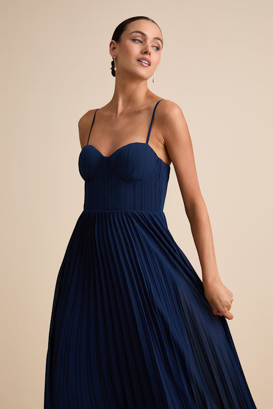 Admirable Elegance Navy Pleated Bustier Maxi Dress