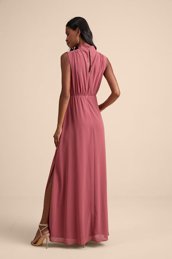 Classic Elegance Rusty Rose Sleeveless Mock Neck Maxi Dress