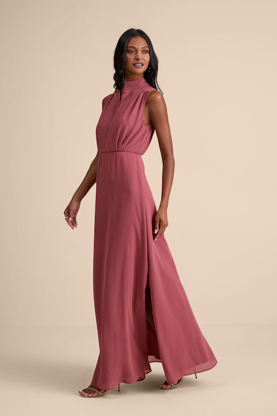Classic Elegance Rusty Rose Sleeveless Mock Neck Maxi Dress