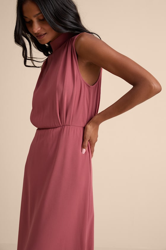 Classic Elegance Rusty Rose Sleeveless Mock Neck Maxi Dress