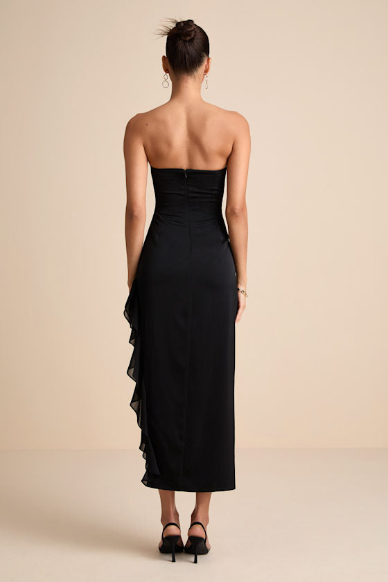 Graceful Perfection Black Satin Ruffled Strapless Midi Dress