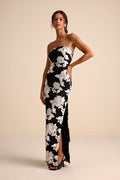 Fitzroy Black Floral Textured Strapless Maxi Dress