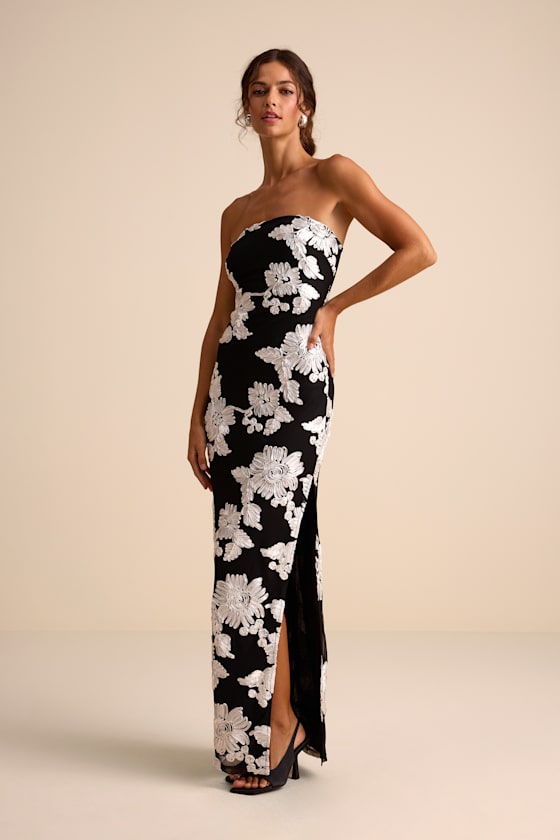 Fitzroy Black Floral Textured Strapless Maxi Dress