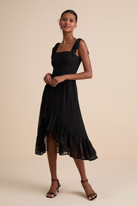 Tamryn Black Asymmetrical Ruffled Midi Dress