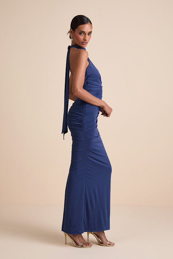 Seraiah Navy Knotted Ruched Halter Maxi Dress