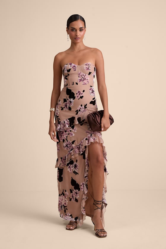 Chelisa Beige Floral Ruffled Strapless Bustier Maxi Dress
