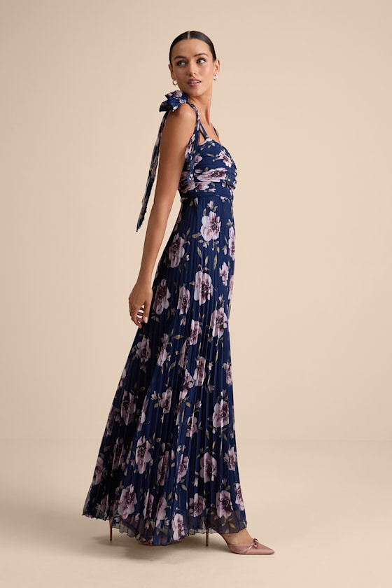 Gorgeous Purpose Navy Floral Pleated Sleeveless Bow Maxi Dress